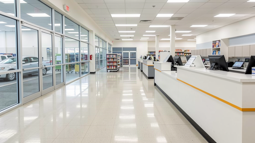 Commercial cleaning crew polishing a retail store floor and glass storefront after closing