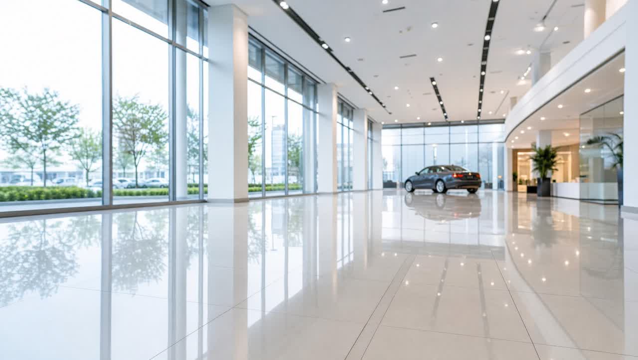 Spotless auto dealership showroom with gleaming tile floors and clean glass showcasing vehicles