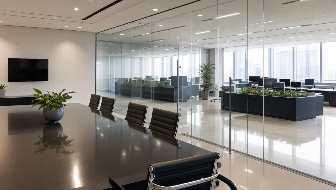 Spotless modern office conference room with glass walls and polished floors after professional cleaning